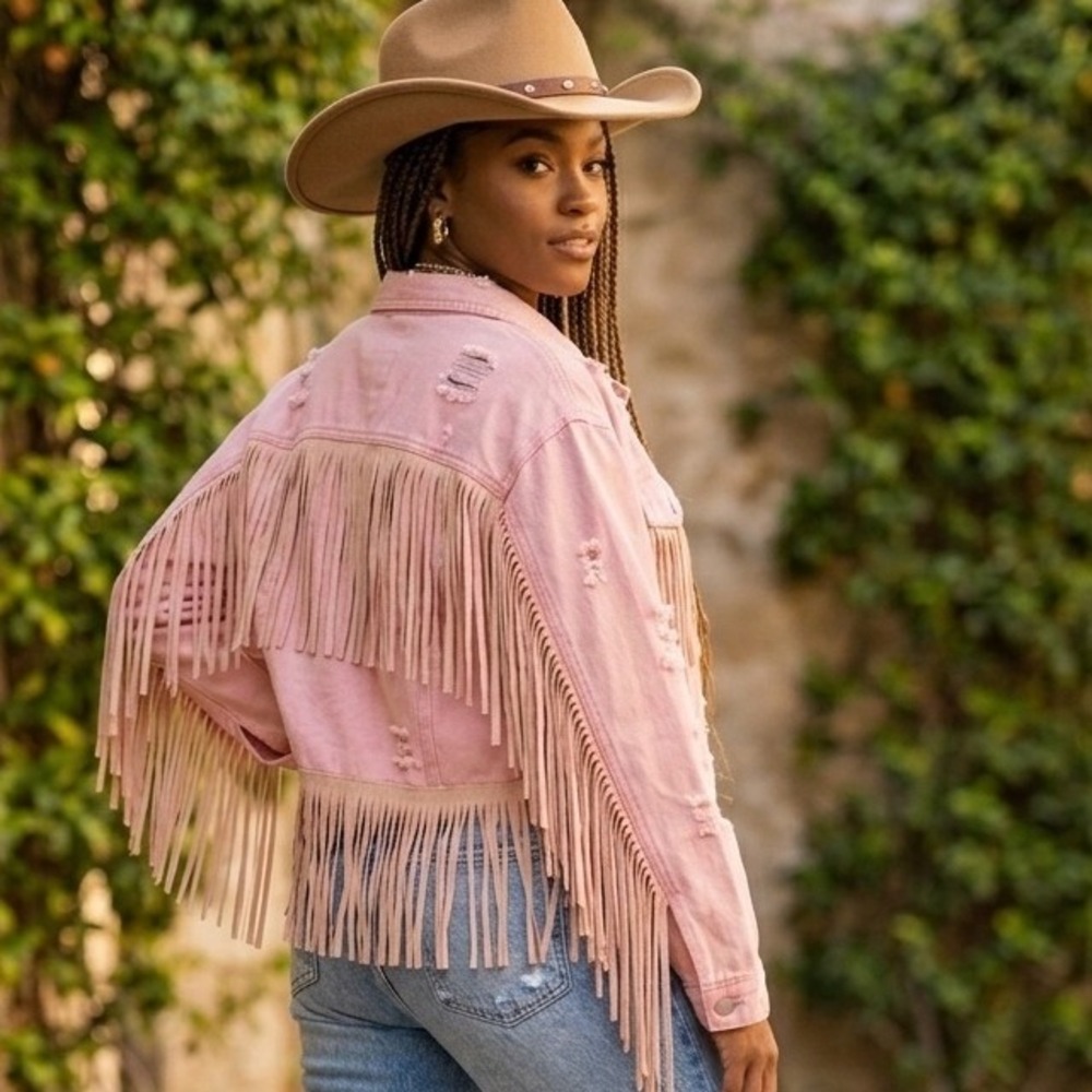 Cropped Pink Distressed Fringe Denim Jean Jacket L Western Cowgirl Festival